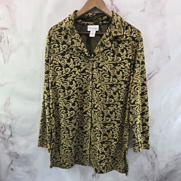 Diane Von Furstenburg Shirt Womens Medium Black Gold Velvet Button Long Sleeve - Picture 1 of 12